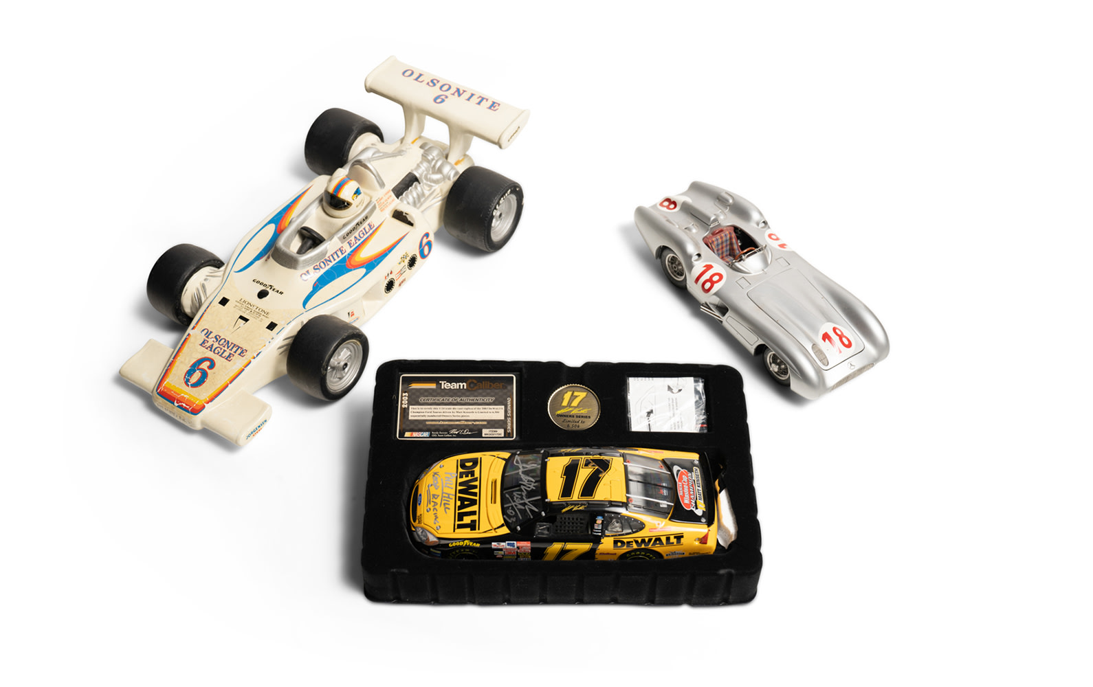 Team Caliber Signed NASCAR Model, Ceramic Olsonite Eagle Race Car, and Mercedes-Benz W196 Scale Model