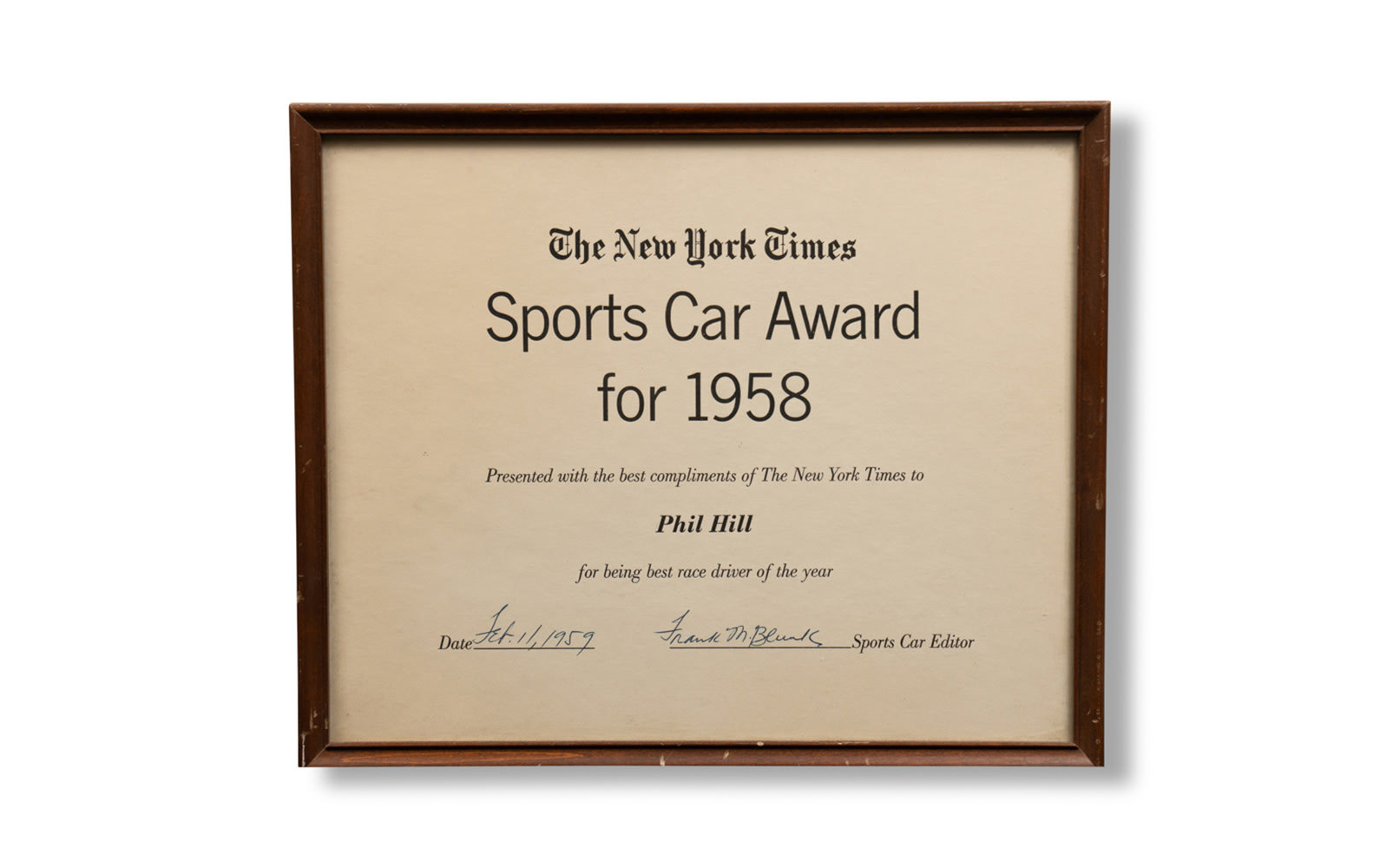 The New York Times Sports Car Award for 1958, Framed 