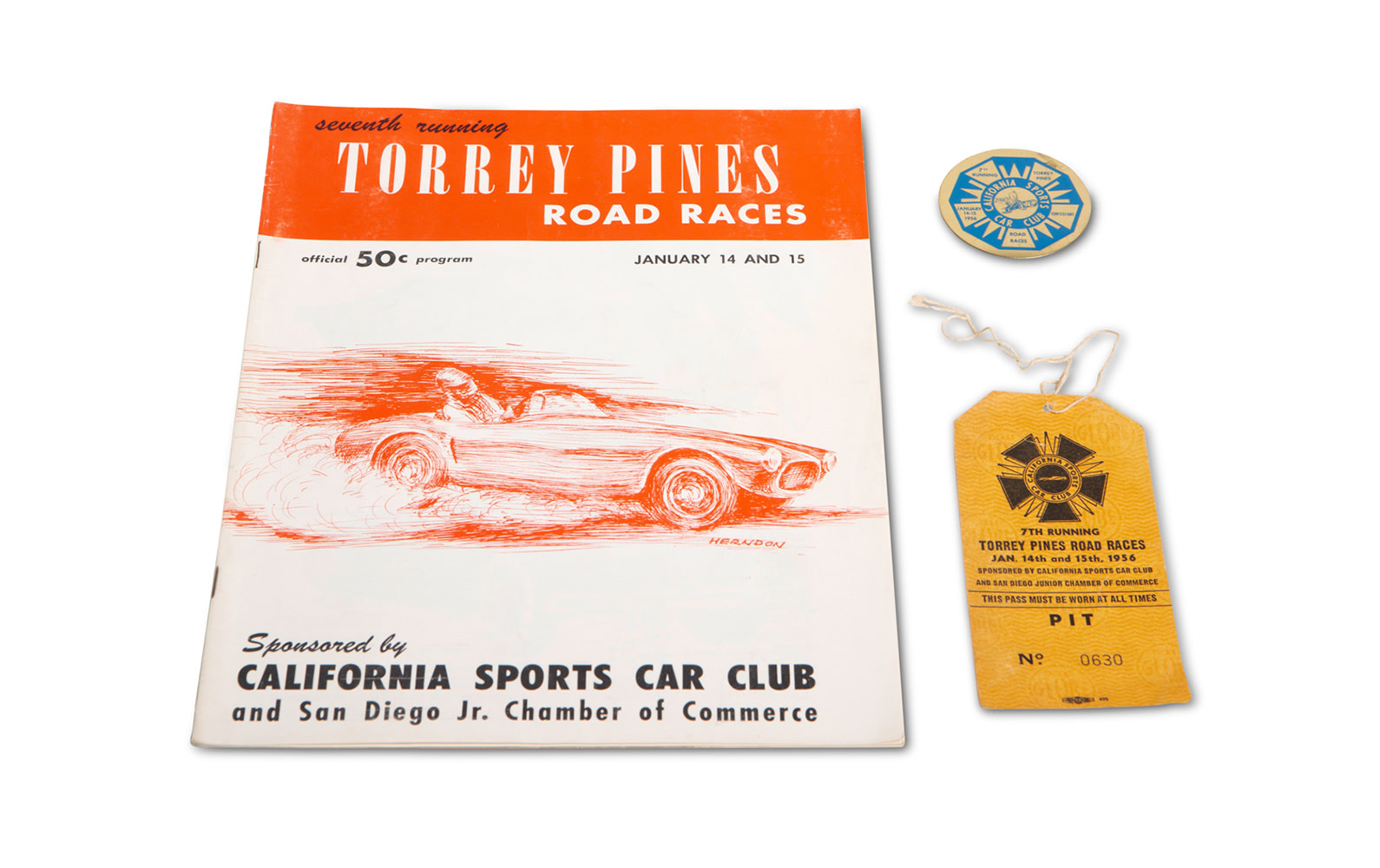 1956 CSCC Torrey Pines Road Races Program, Pit Pass, and Medallion