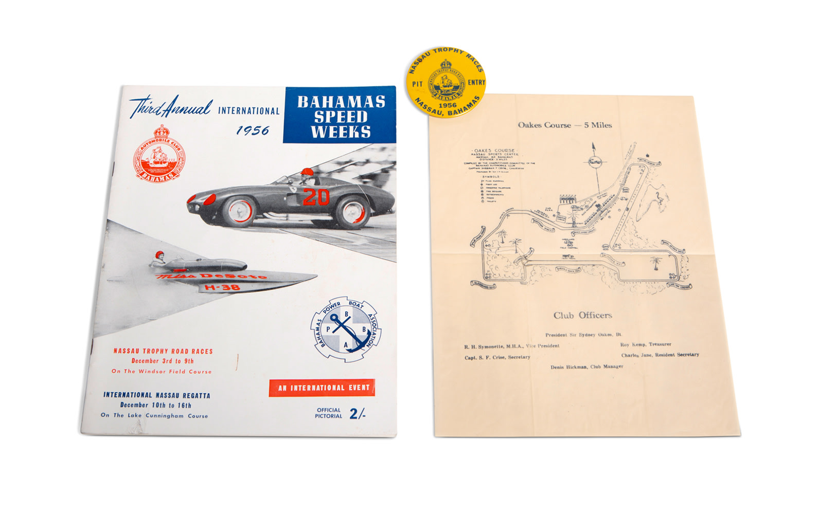 1956 Bahamas Speed Weeks Official Race Program, Pit Entry Pin, and Course Map