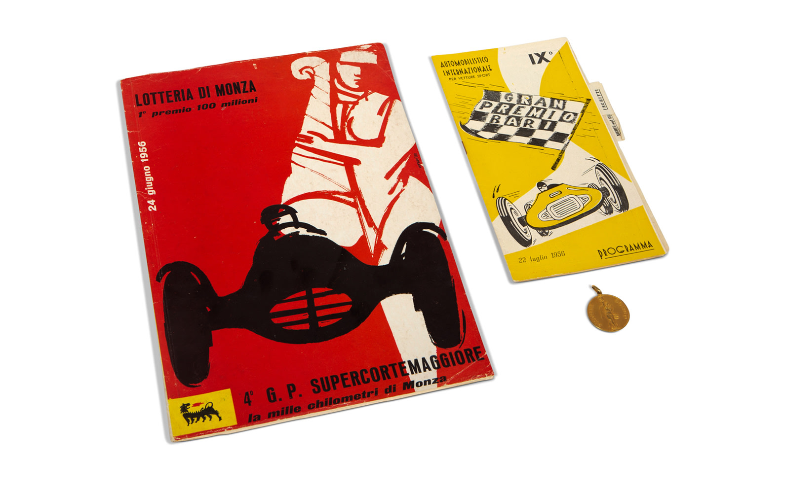 1956 GP Supercortemaggiore at Monza and Gran Premio di Bari Official Race Programs with Pistone Borgo Keychain