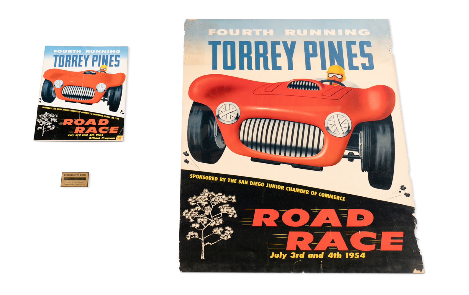 1954 Torrey Pines Road Race Official Poster, Program, and Competitor Badge