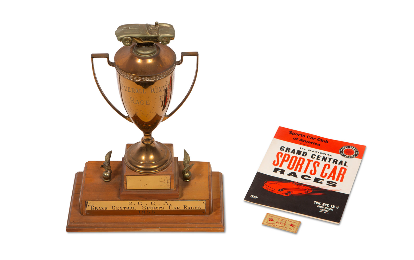 1955 Grand Central Sports Car Races Trophy, 1st Place Finishers Badge, and Official Program