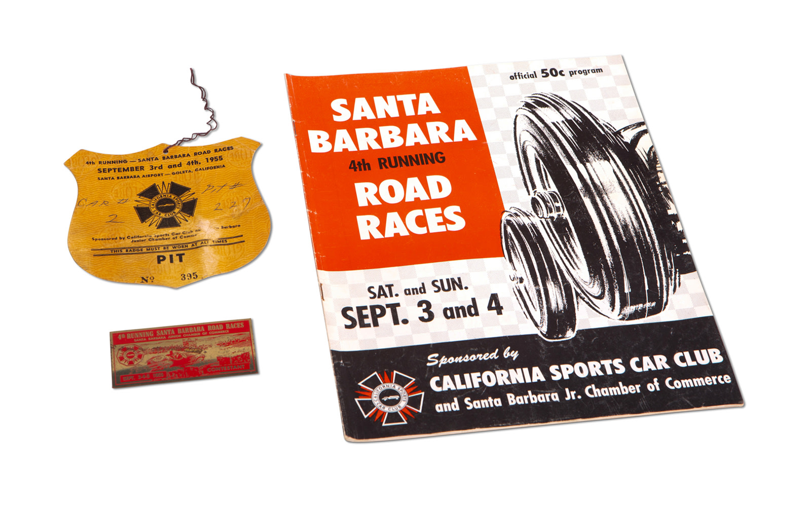 1955 Santa Barbara Road Races Official Program, Contestant Badge, and Pit Pass