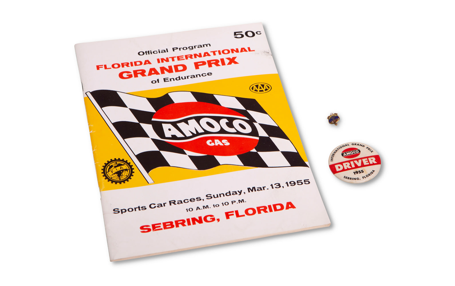 1955 12 Hours of Sebring Driver Pin, Lapel Pin, and Official Race Program