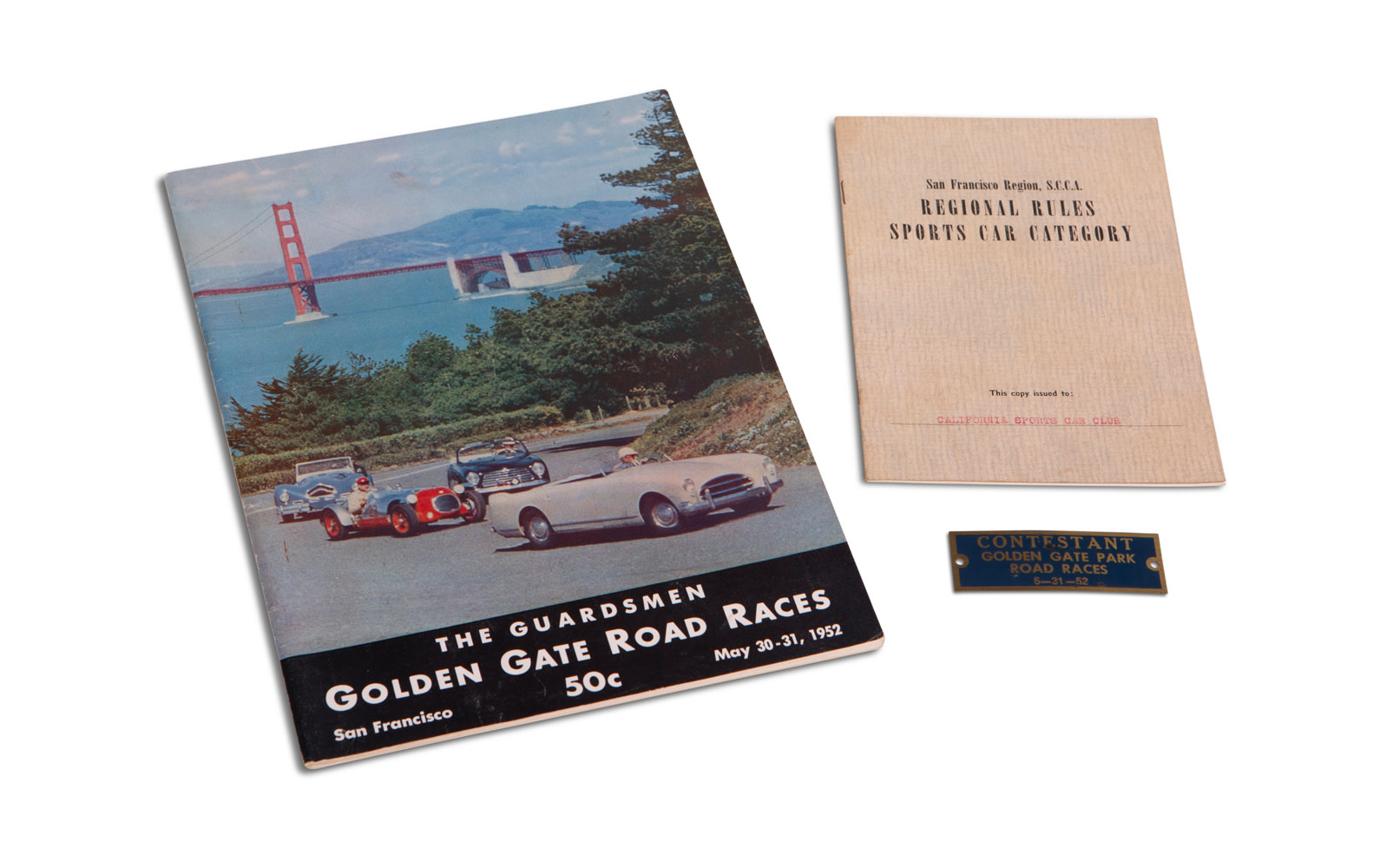 1952 Golden Gate Road Races Contestant Badge, Regional Rule Book, and Official Race Program