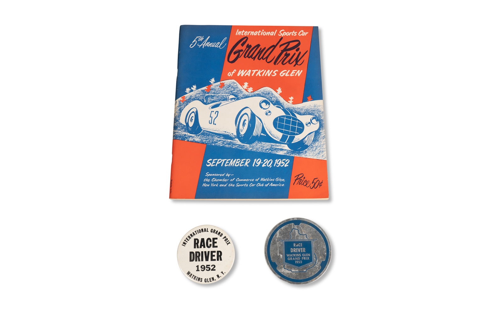 1952 Grand Prix of Watkins Glen Official Race Program and Race Driver Pin and Badge