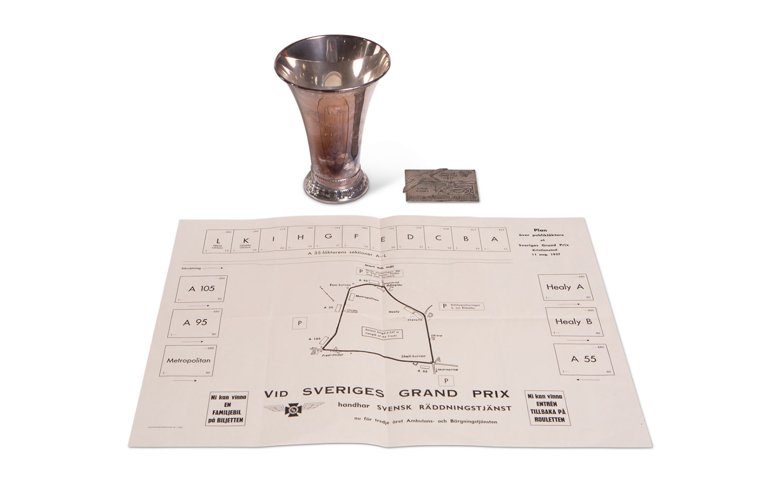 1957 Swedish Grand Prix Trophy, Plaque, and Course Map