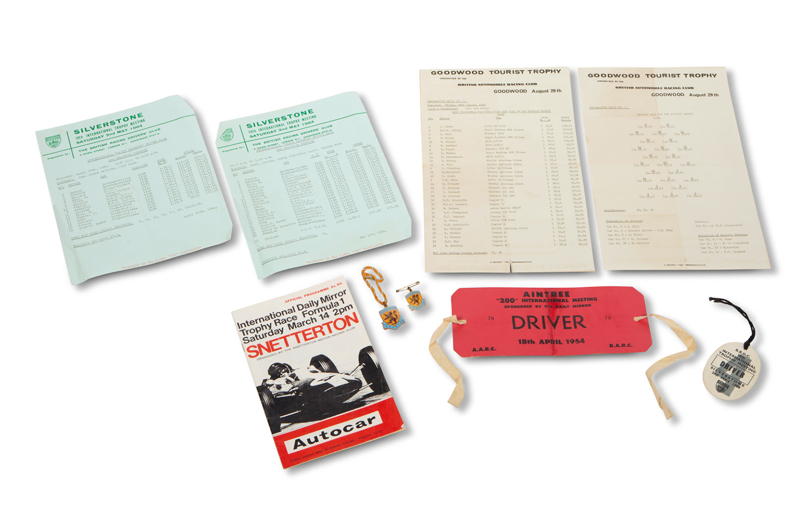 Assorted 1964 Literature and Memorabilia Related to Aintree, Goodwood, Silverstone, and Snetterton