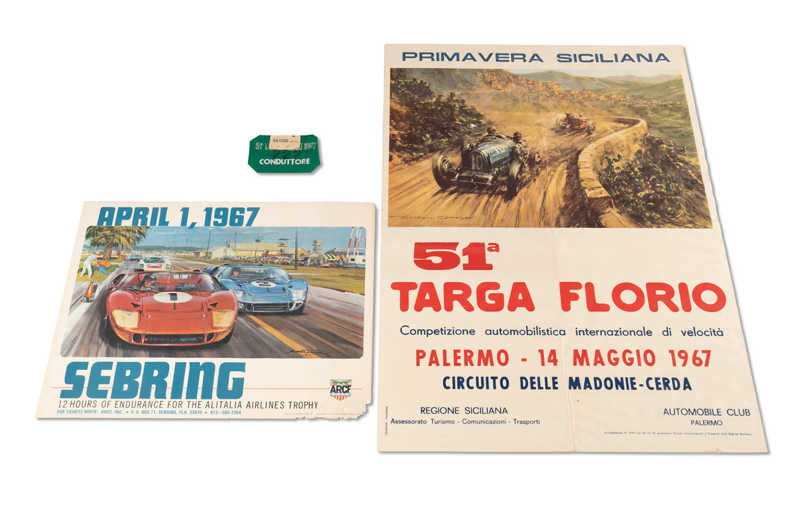 Three 1967 Targa Florio Posters, One 1967 Sebring Poster, and Targa Florio Driver Armband