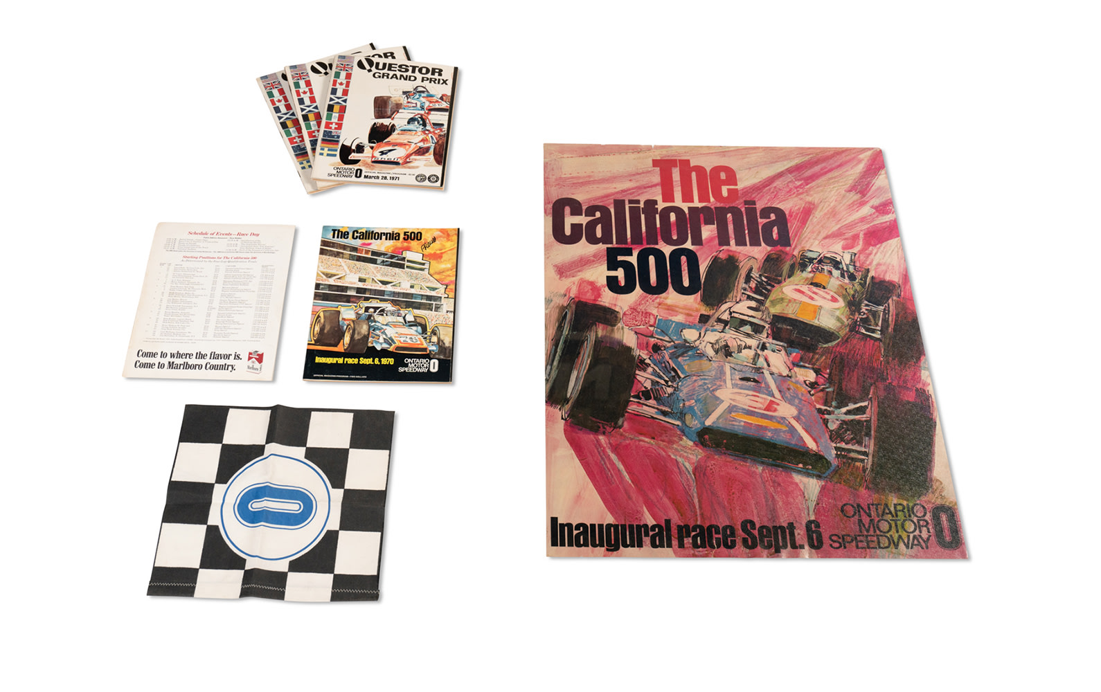 Assorted Programs, Poster, and Flag for Races at the Ontario Motor Speedway, c. 1970–1971