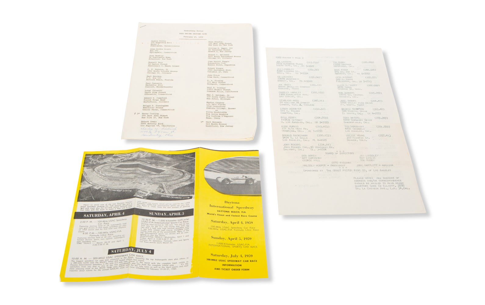 1959 Road Racing Driver's Club Membership Roster, 200 Miles-Per-Hour Club Roster, and Daytona International Speedway Brochure