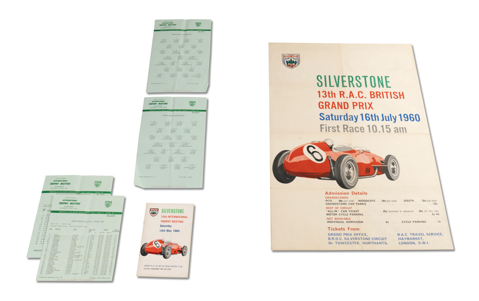 1960 Silverstone 12th International Trophy Meeting Official Race Program, Timing Sheet, and Poster
