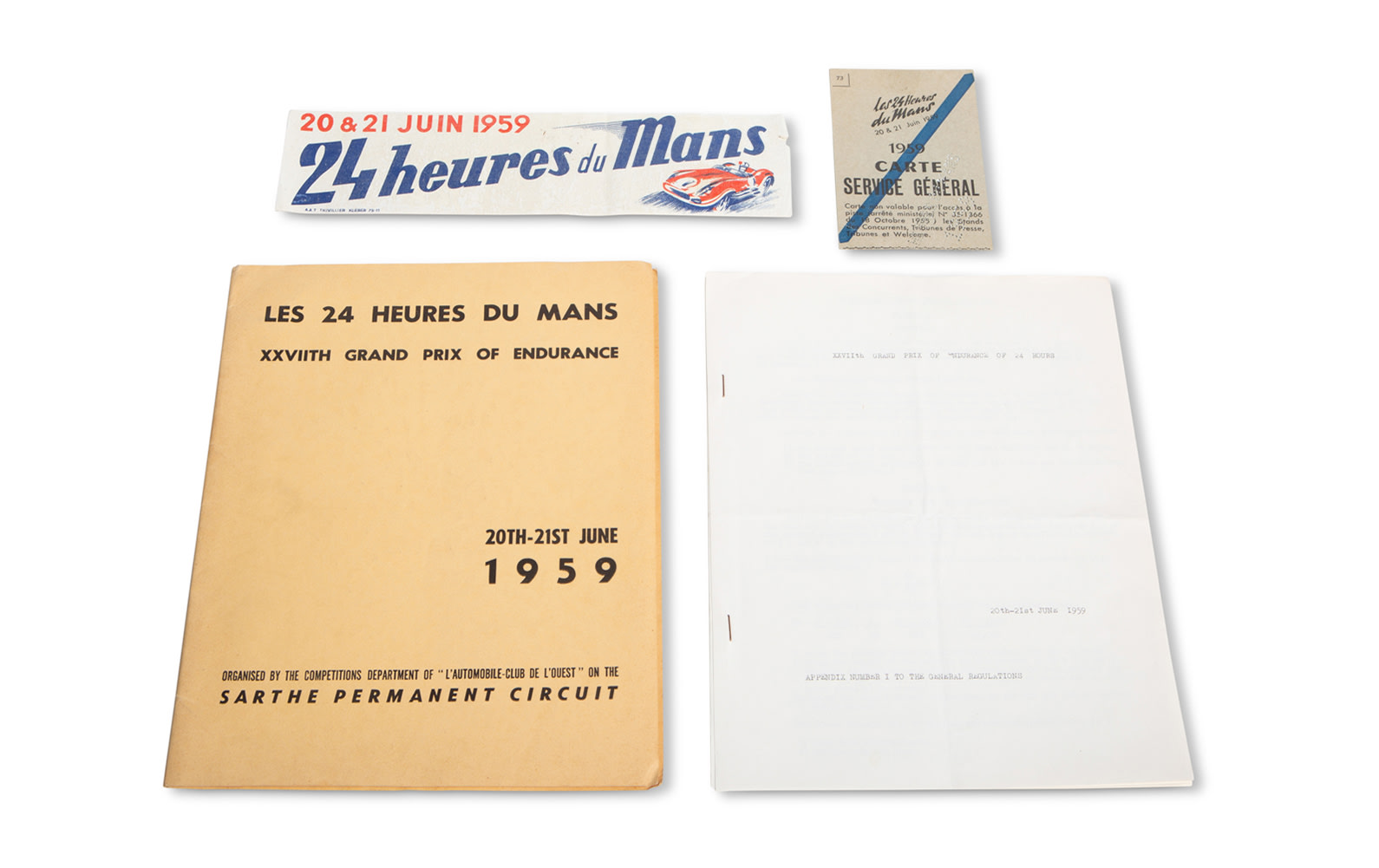 1959 24 Hours of Le Mans Regulations Booklet with Appendix, Pit Pass, and Window Decal