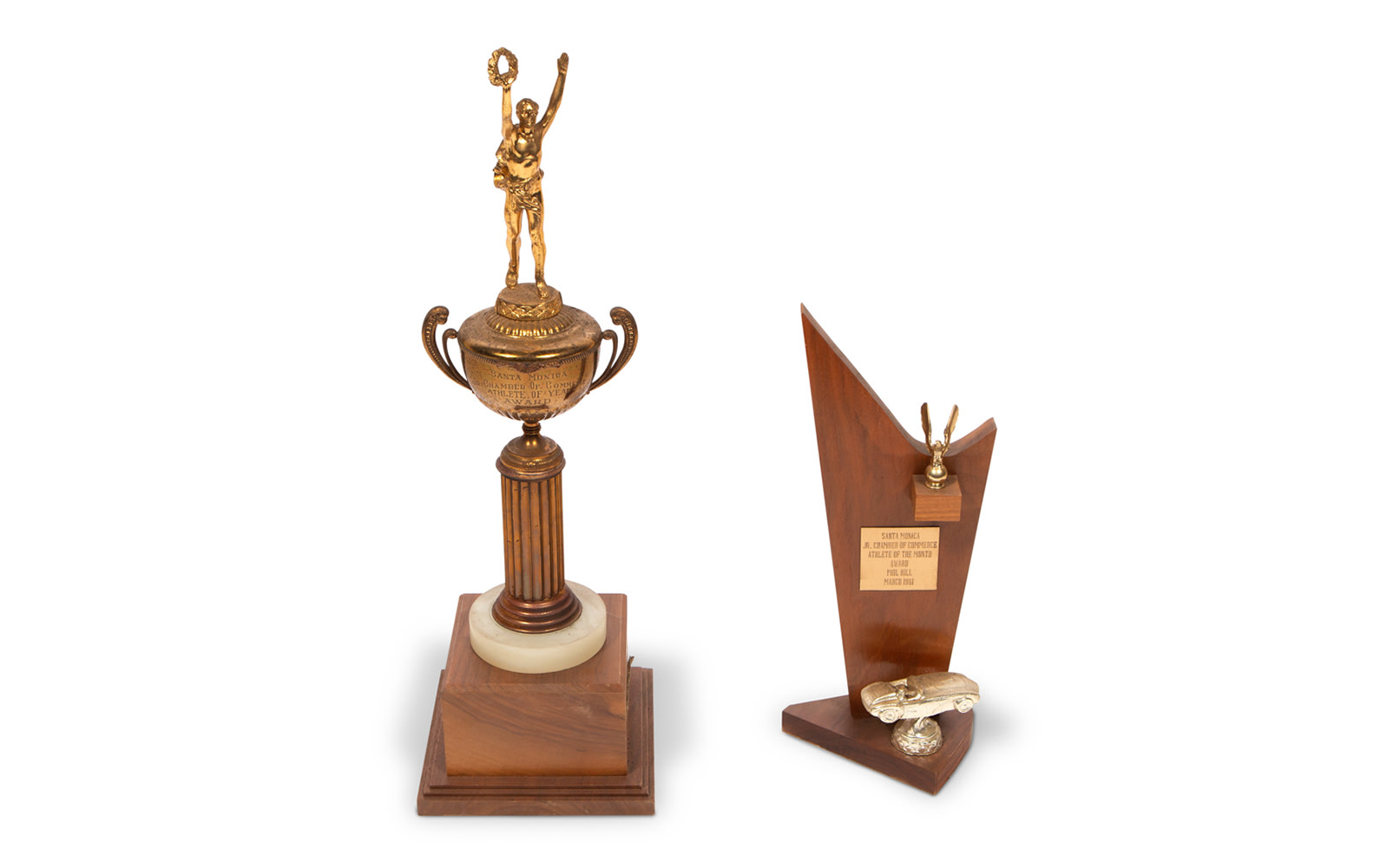 Athlete of the Month and Athlete of the Year Trophies Presented to Phil Hill by the Santa Monica Jr. Chamber of Commerce, 1961 