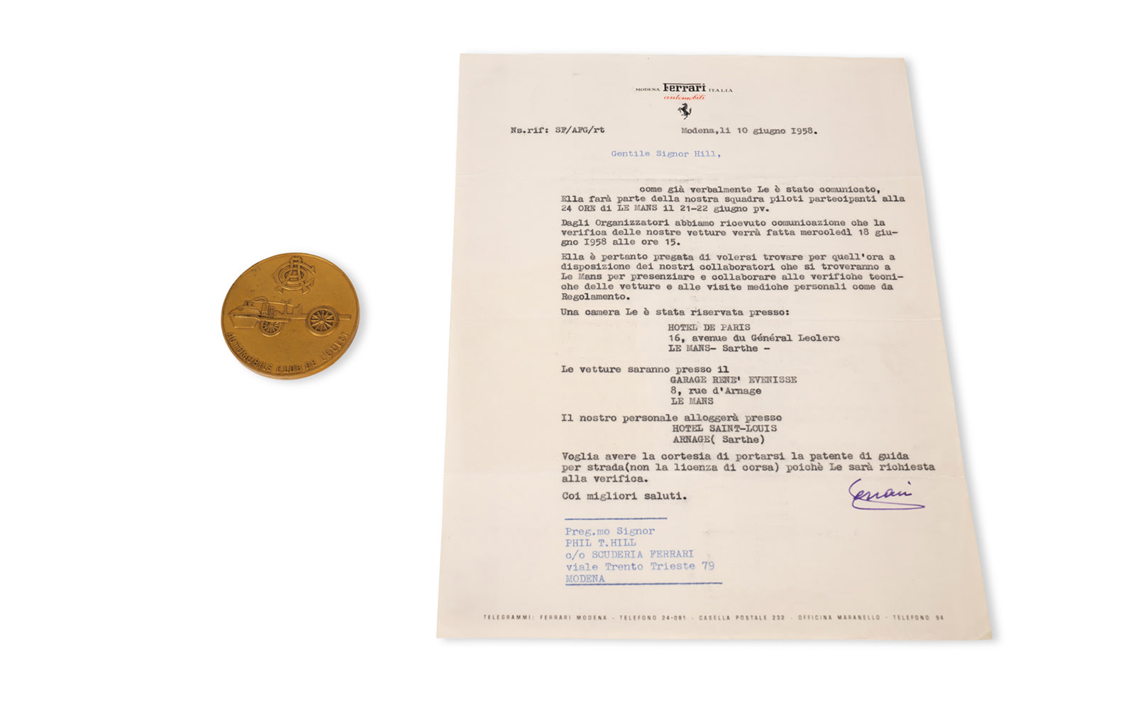 1958 24 Hours of Le Mans Pilote Coin and Signed Letter from Enzo Ferrari to Phil Hill, Dated June 10, 1958