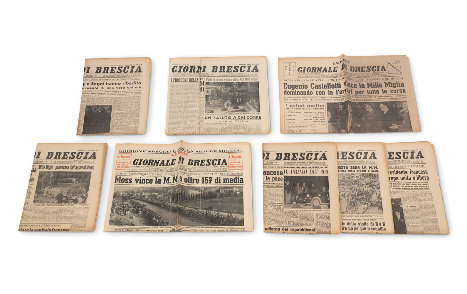 Assorted Giornale Di Brescia Newspapers, c. 1955-1957, Documenting the Running of the Mille Miglia