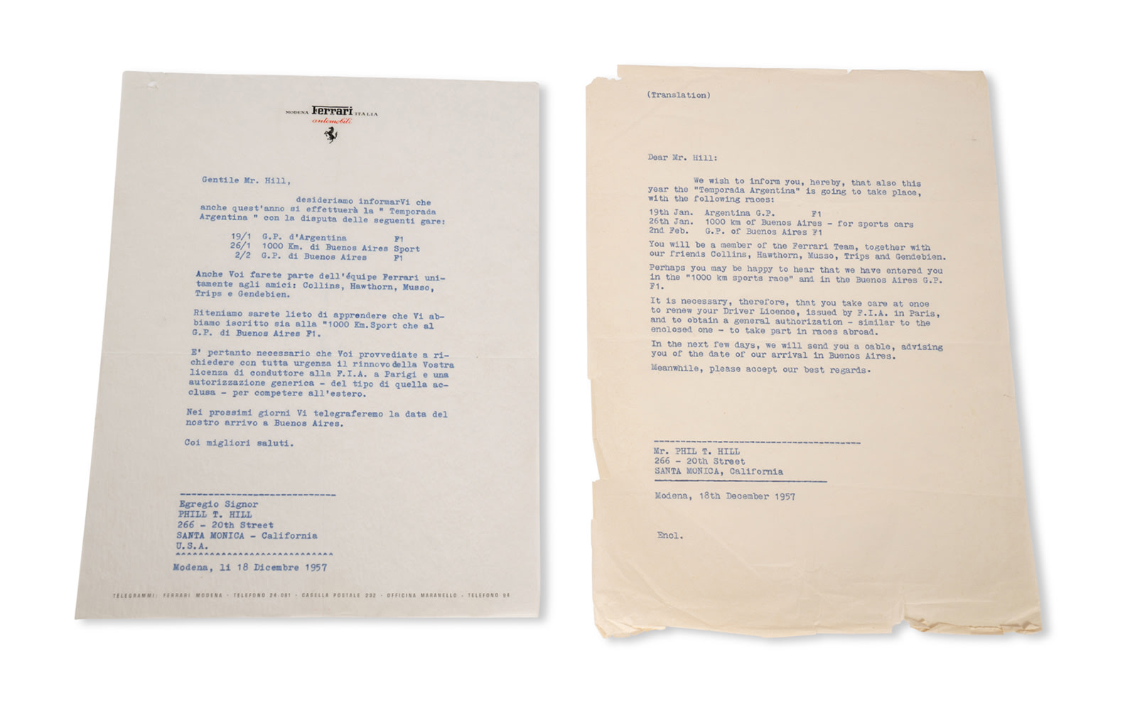 Scuderia Ferrari Engagement Letter for the 1958 Argentina Grand Prix and Buenos Aires 1000 Km Sports Car Race