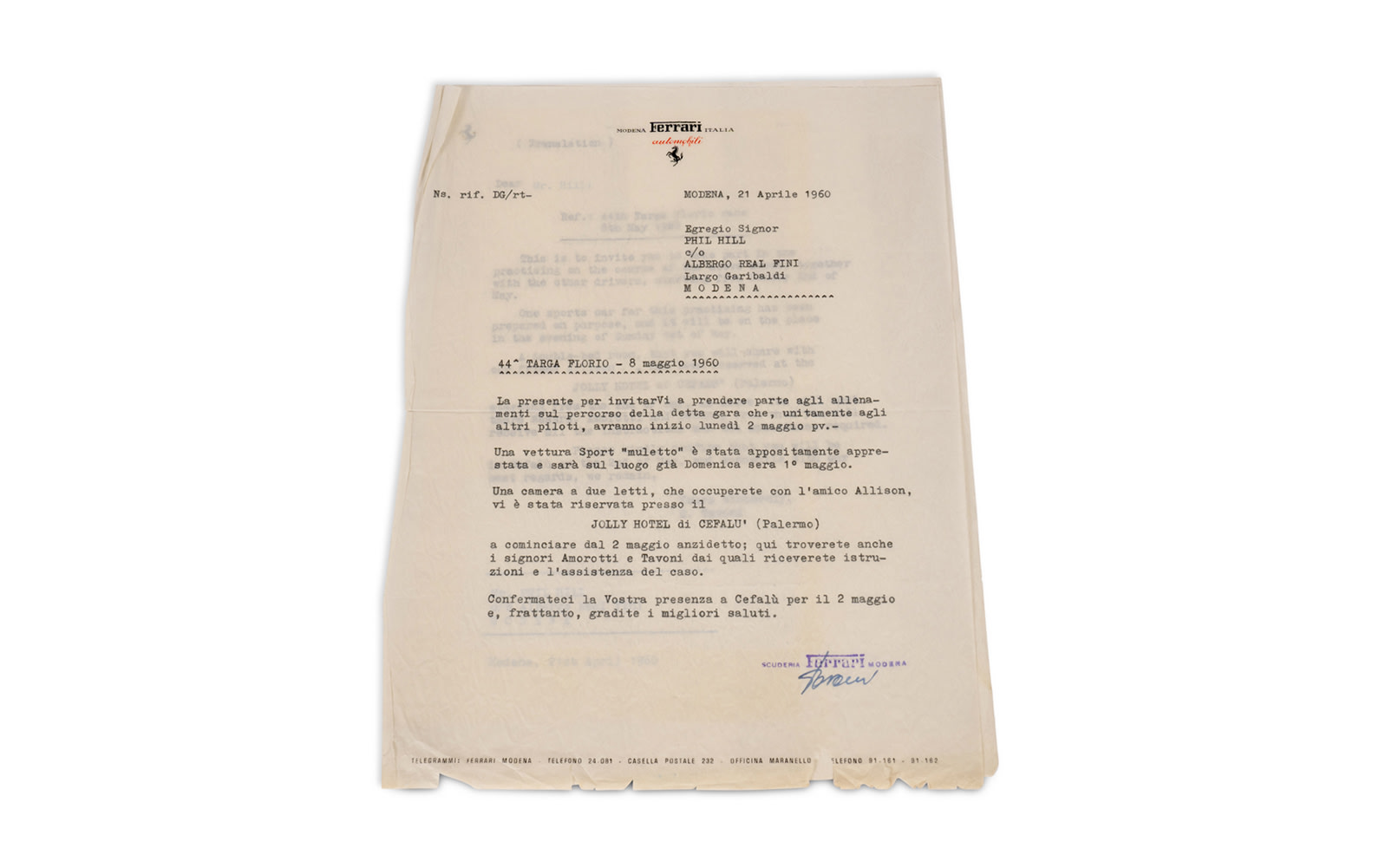 Scuderia Ferrari Engagement Letter to Phil Hill Regarding the 1960 Targa Florio Practice Session