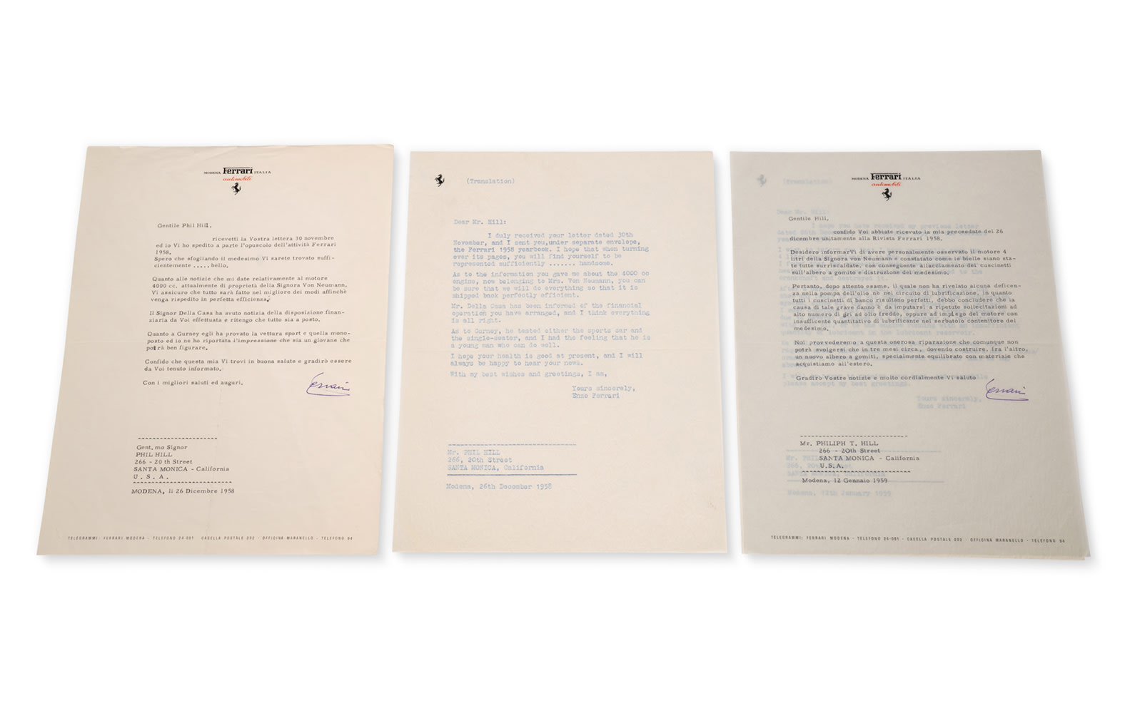 Two Letters from Enzo Ferrari to Phil Hill Regarding the 412 MI Engine