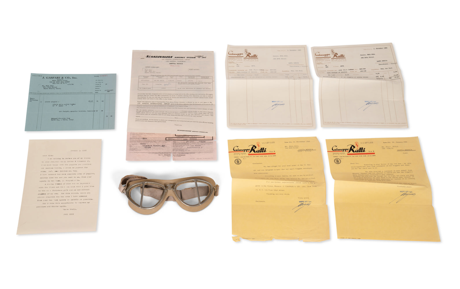 Giuseppi Ratti Racing Goggles with Original Invoice, Shipping Paperwork, and Letter from Phil Hill to Manufacturer