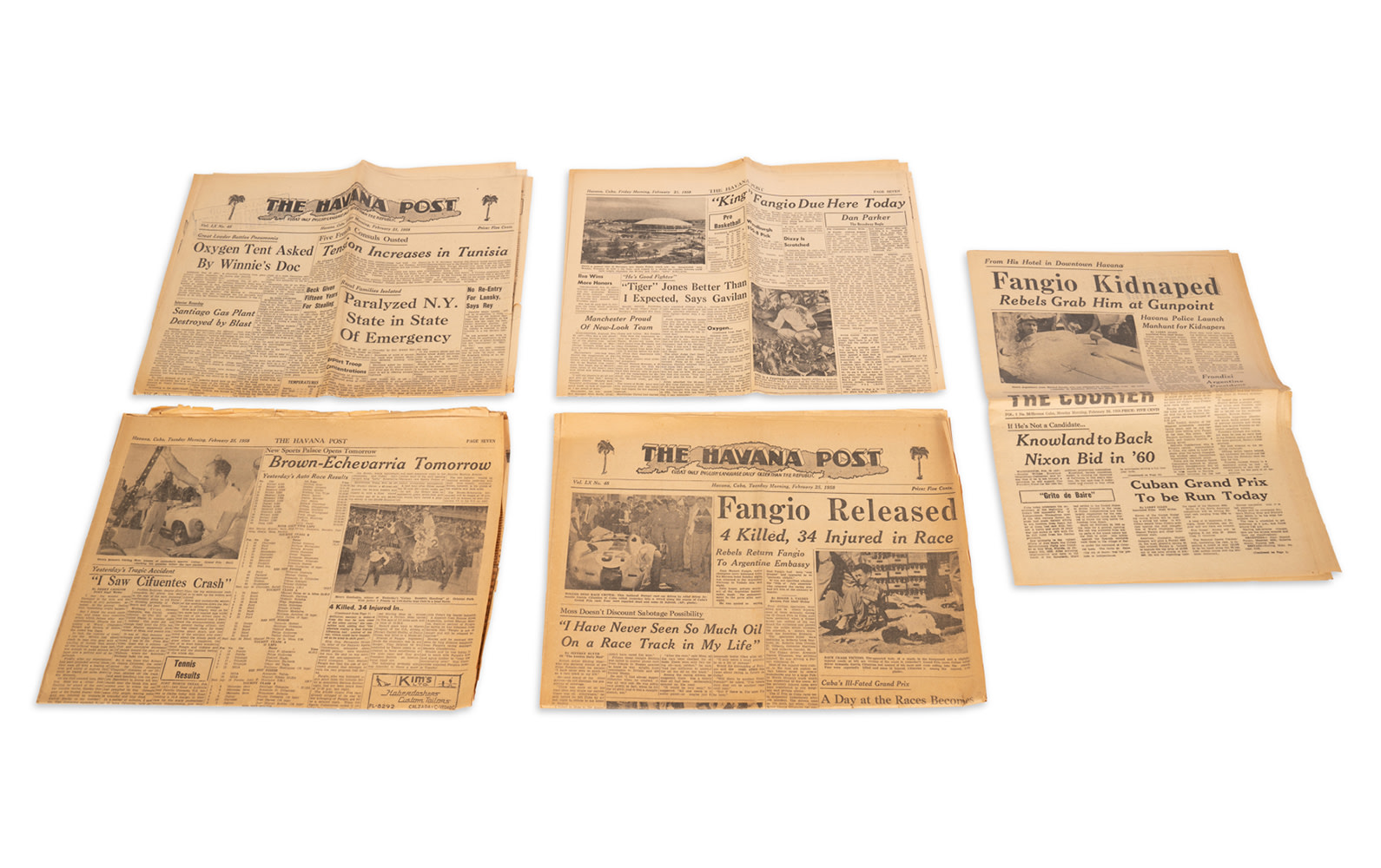 Assorted Newspapers Documenting the 1958 Cuban Grand Prix and Kidnapping of Juan Manuel Fangio