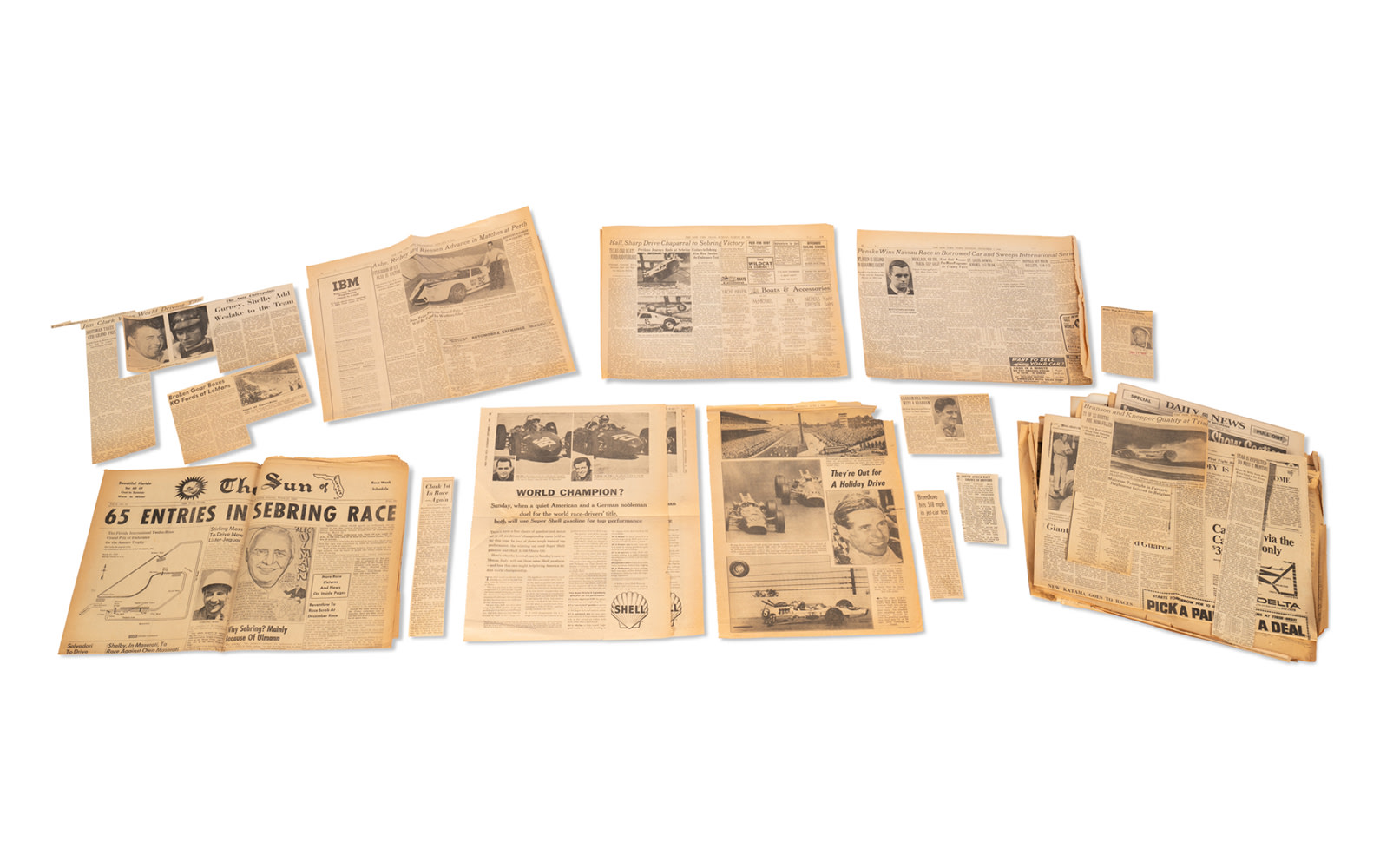 Assorted Newspaper Clippings on Famous Drivers and Races