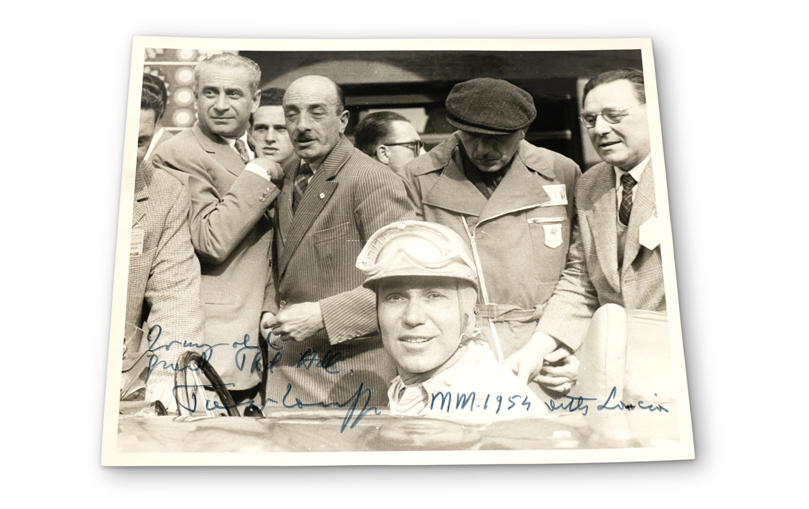 Photograph of Piero Taruffi at the 1954 Mille Miglia, Personalized and Signed to Phil Hill by Taruffi