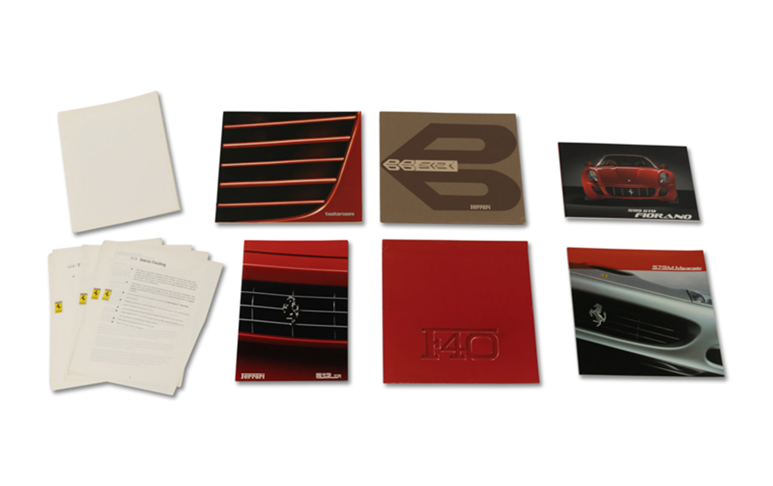 Factory Sales Brochures for Ferrari 512 BBi, Testarossa, F40, 599 GTB, 575 M, and 512 TR