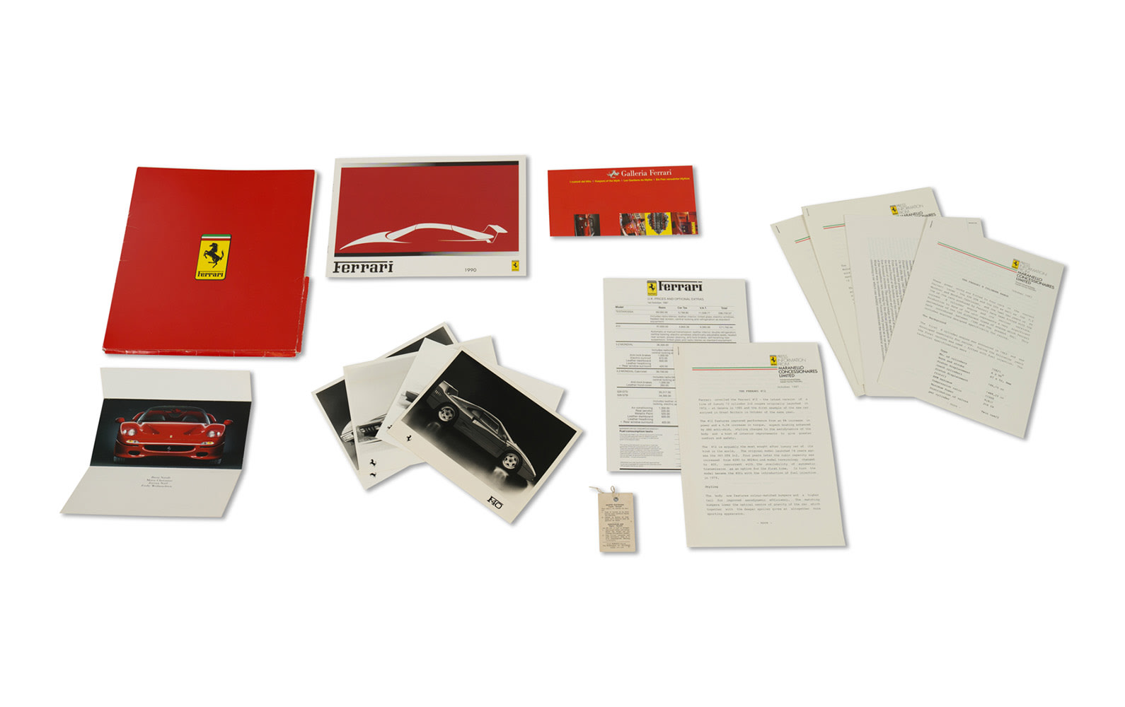 Ferrari Press Releases, Technical Documentation, Sales Brochure, F50 Christmas Card, and Veglia-Borletti Clock Tag