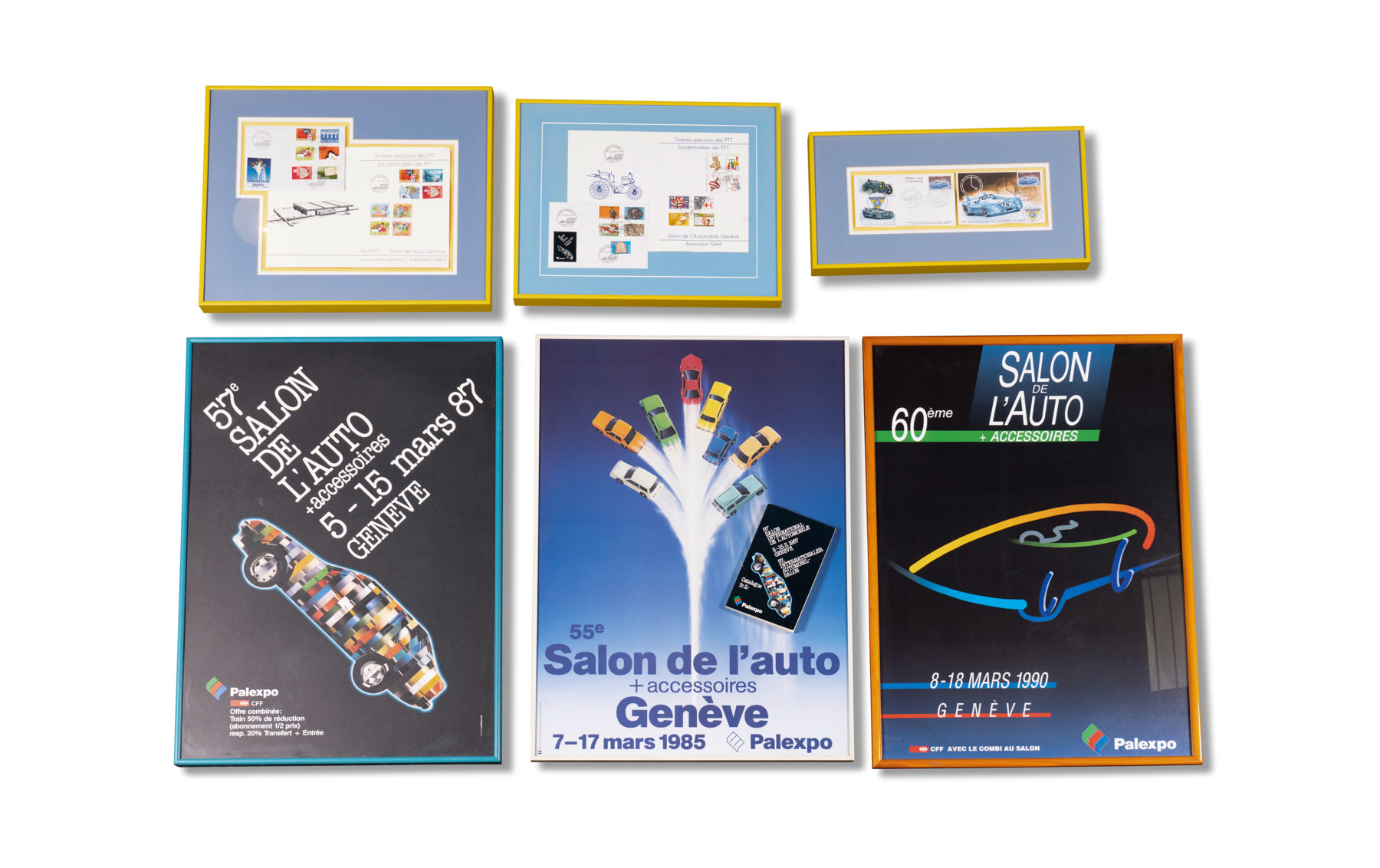Framed Salon de L'Auto Geneve Posters, Framed Commemorative Stamps and Envelopes, and 1987 Event Program