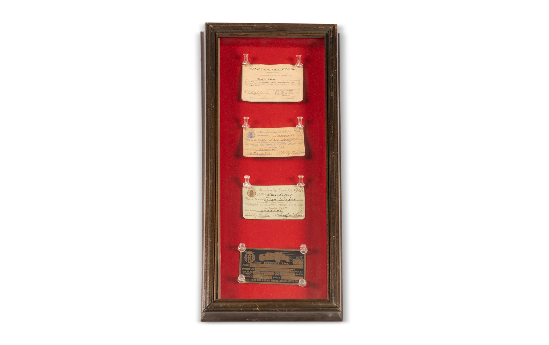 Framed Southern California Timing Association Membership Cards and Timing Tags