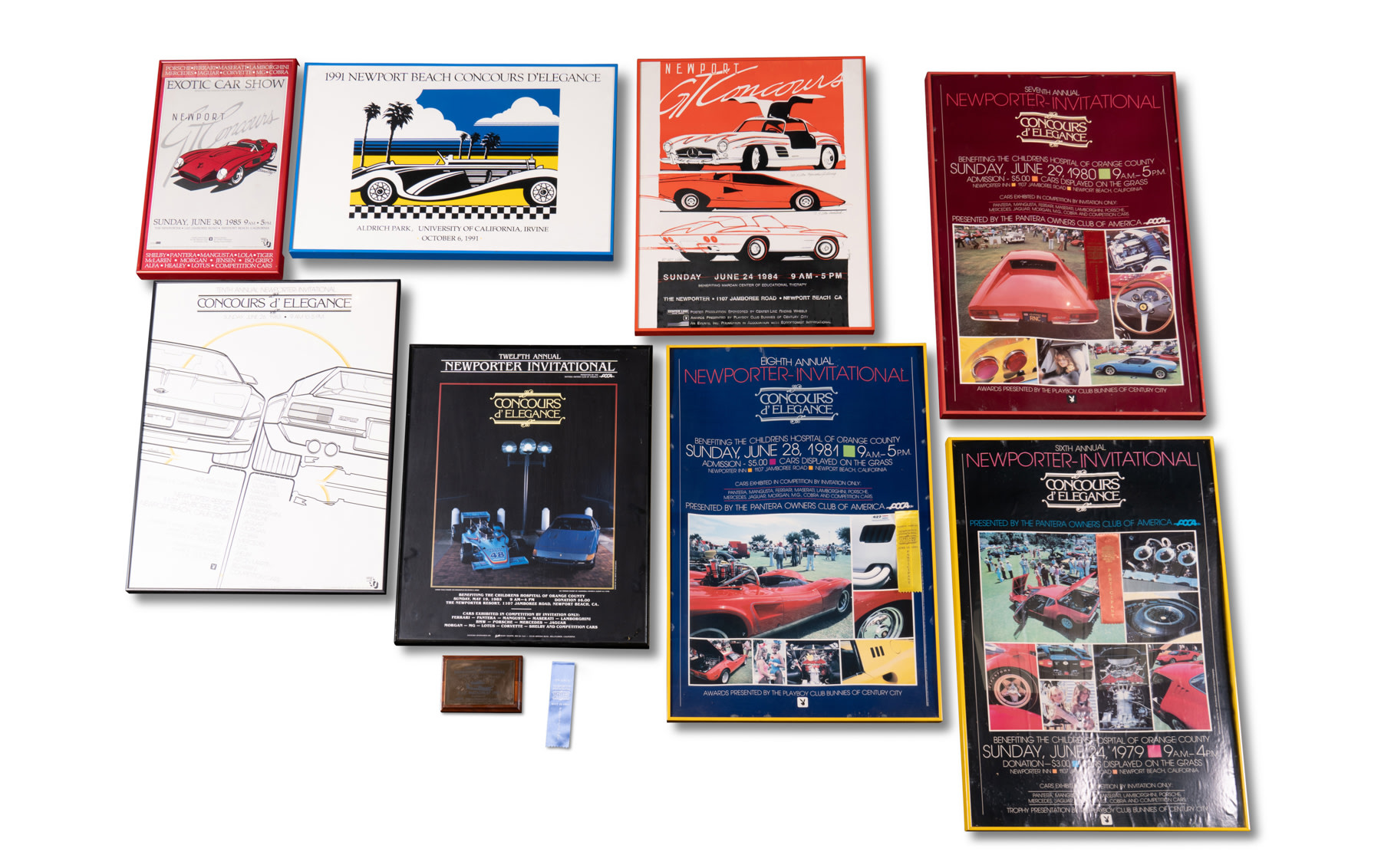 Assorted Newport Concours Framed Posters, Participants Plaque, and Ribbon