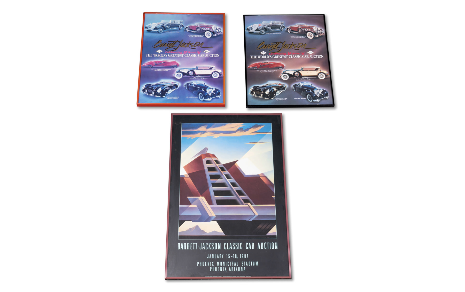 Three Framed Barrett-Jackson Event Posters and 1985 Arizona Auction Catalogue