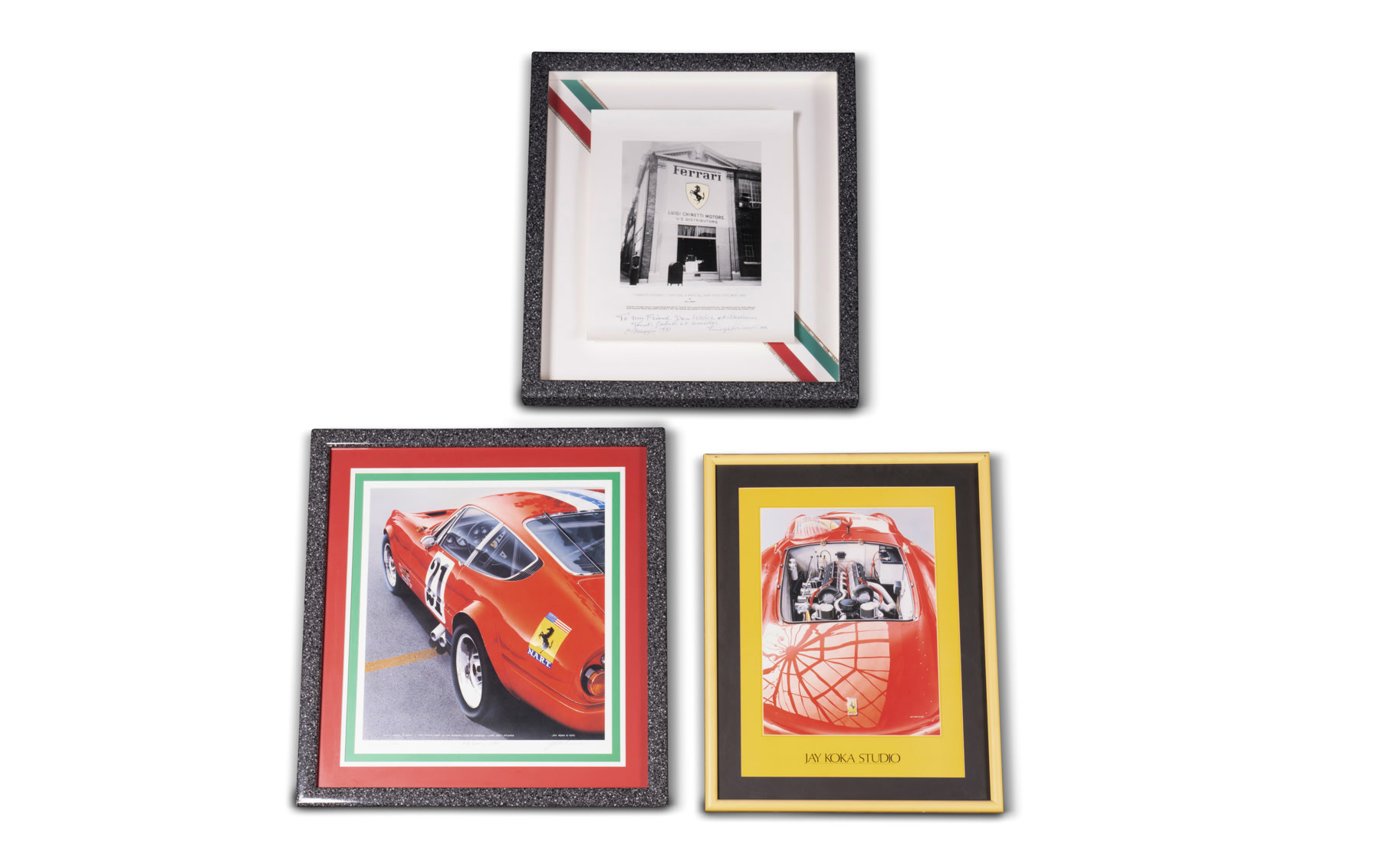Two Framed Ferrari Prints by Jay Koka and One Photograph of Chinetti Motors Signed by Luigi Chinetti Sr.