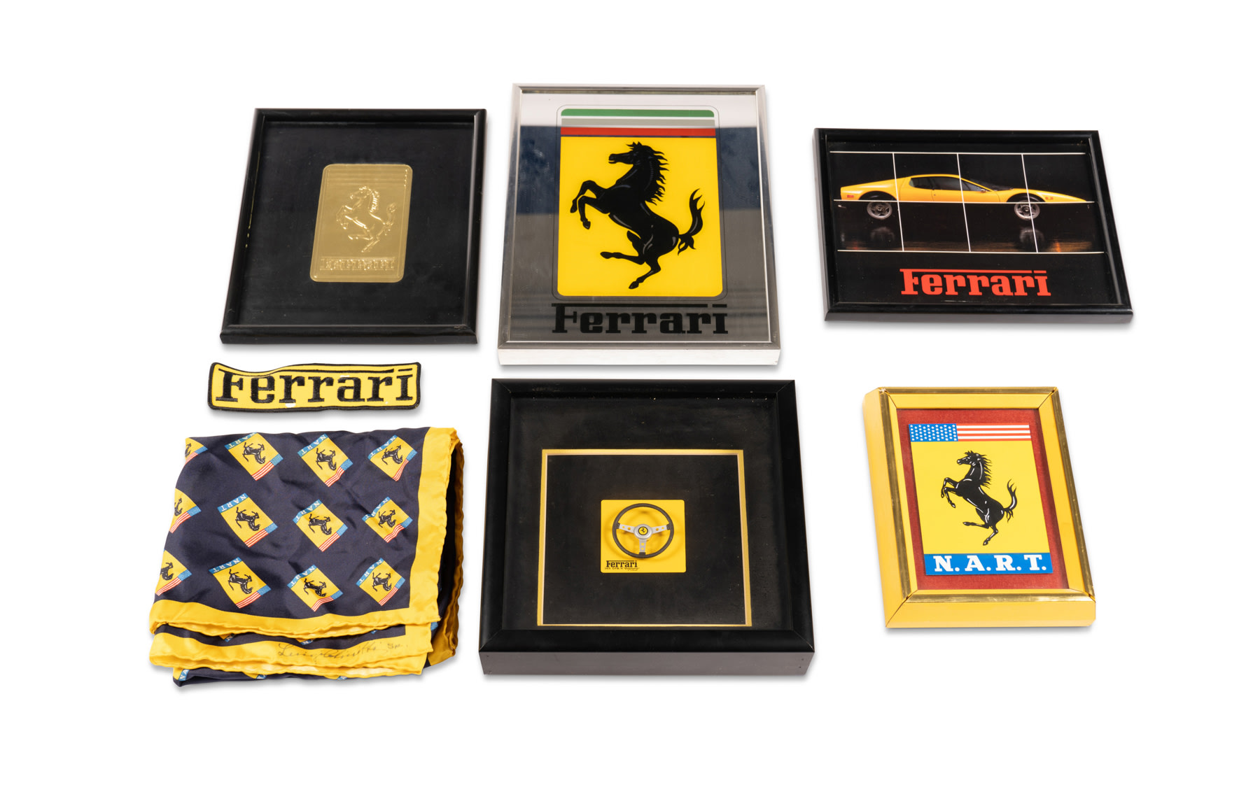 Assorted Ferrari Items, Including Patch, NART Scarf Signed by Luigi Chinetti Sr., and Framed Print