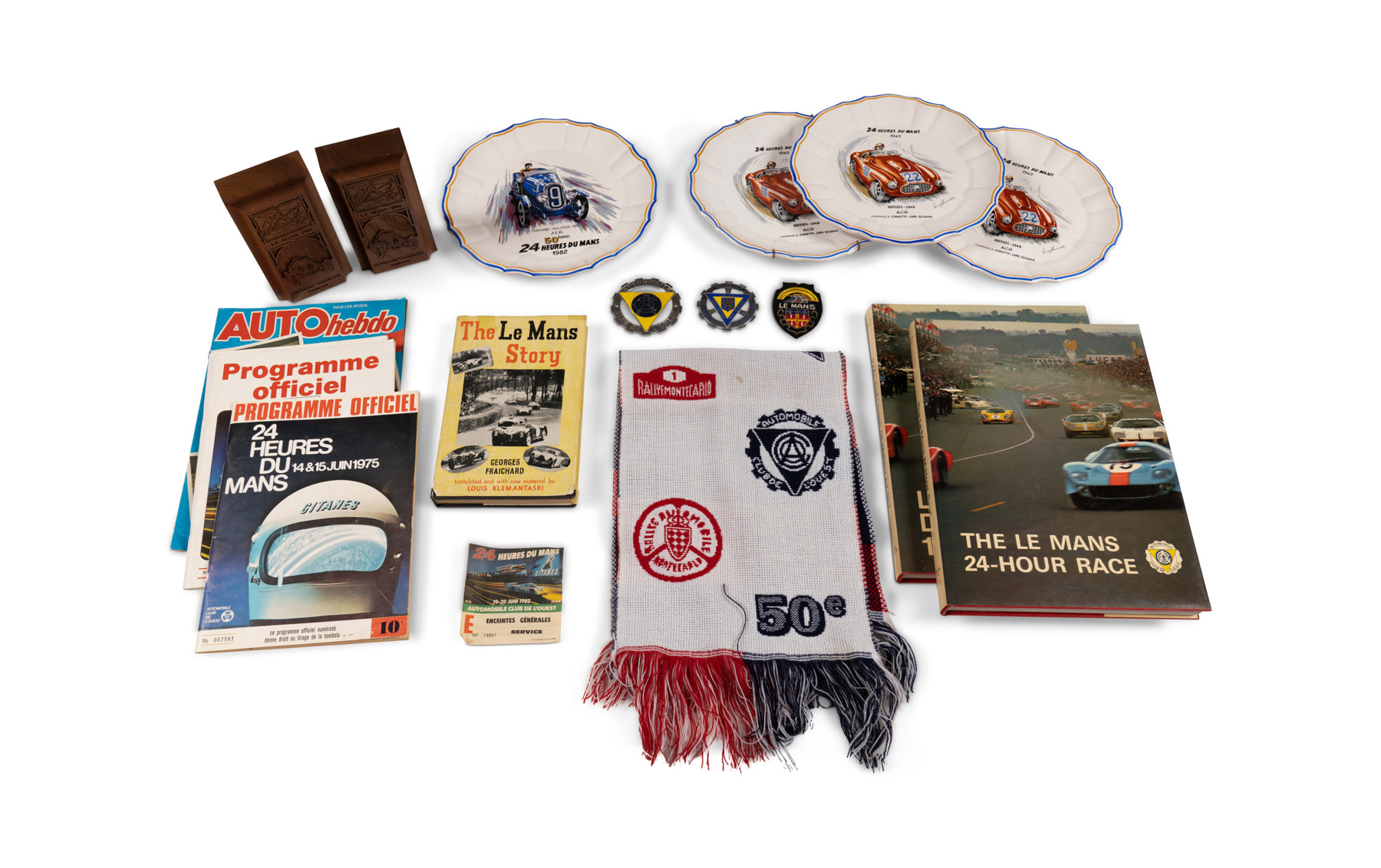 Assorted Le Mans Items, Including Plates, Scarf, Bookends, Patches, and Books