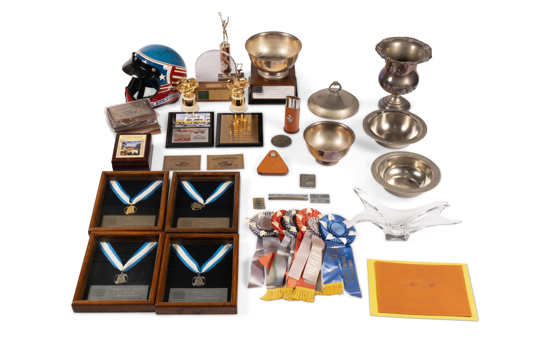 Assorted Awards and Trophies Including Helmet Signed by Phil Hill, Stirling Moss, and Others