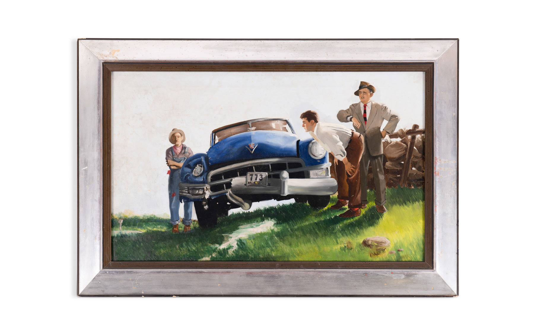 Period Oil Painting Depicting a Cadillac, Framed