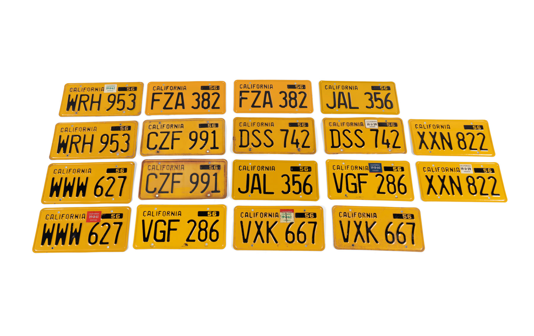 Assorted Pairs of California Yellow and Black License Plates, c. 1956-1962