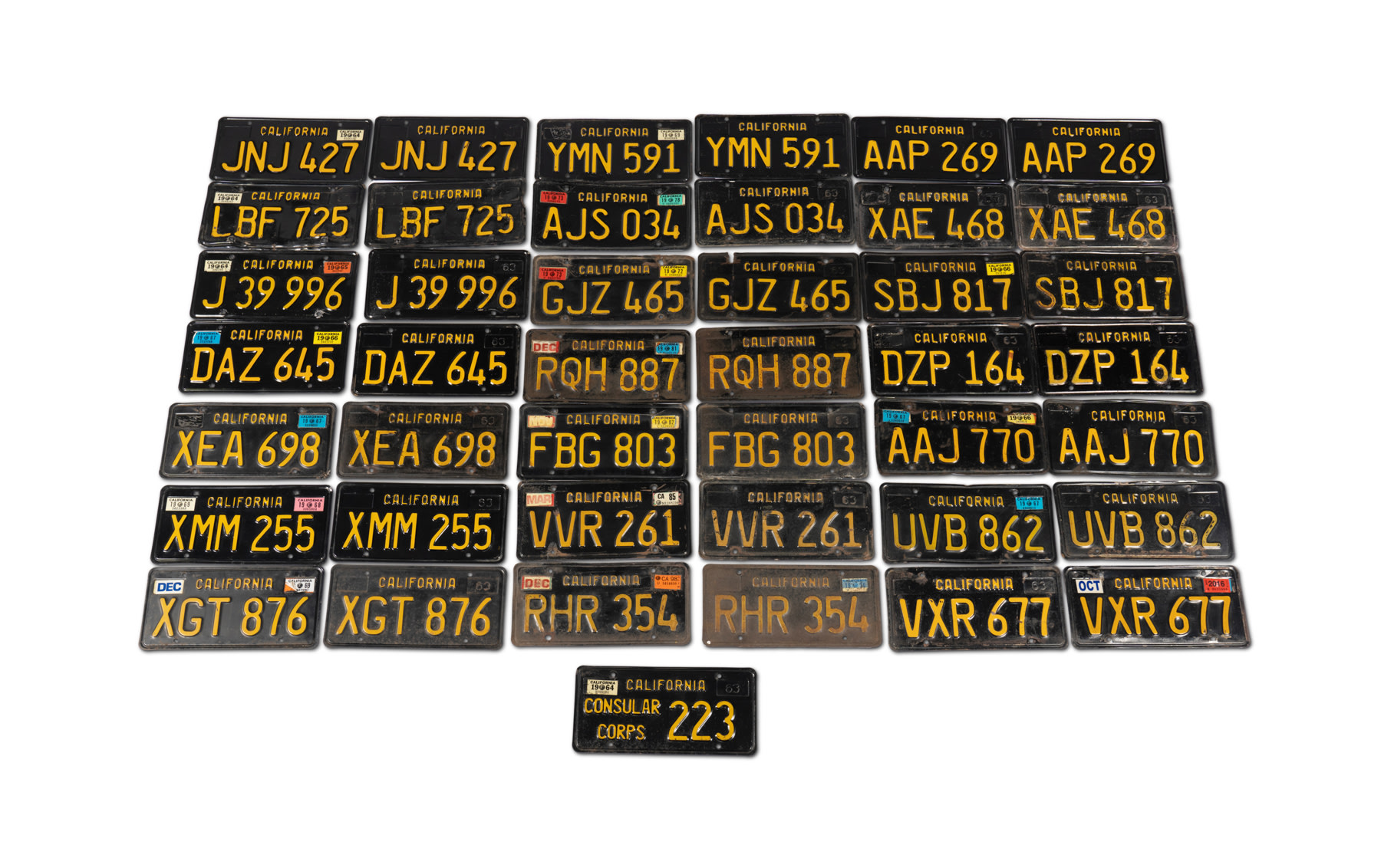 Assorted Pairs of California Black and Yellow License Plates, c. 1963-1970