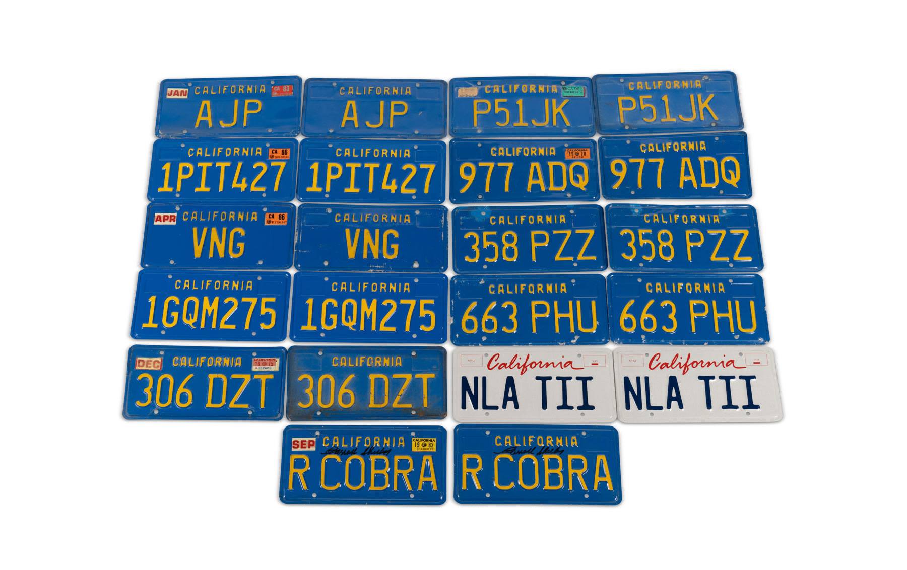 Assorted Pairs of California Blue and Yellow License Plates, c. 1970-1982