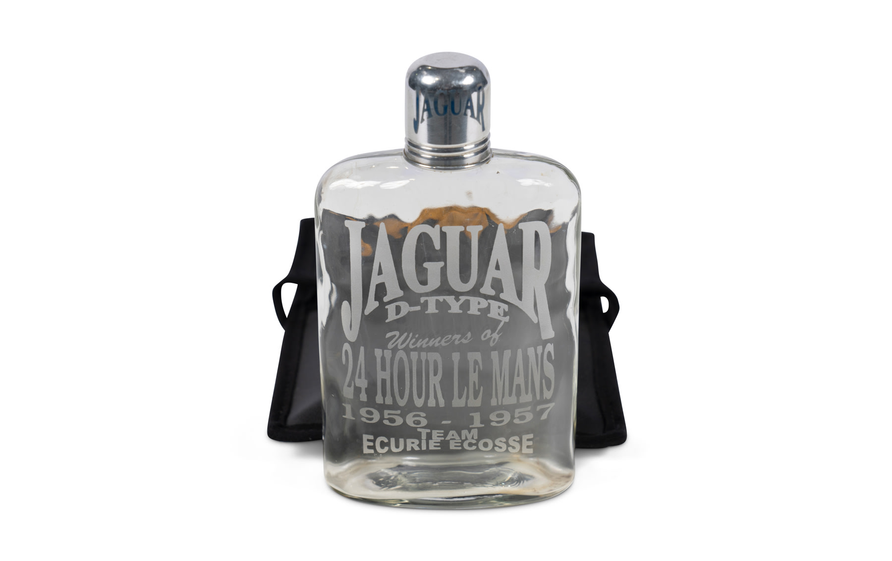 Glass Flask with Case Commemorating Jaguar's 1956/1957 Le Mans Wins