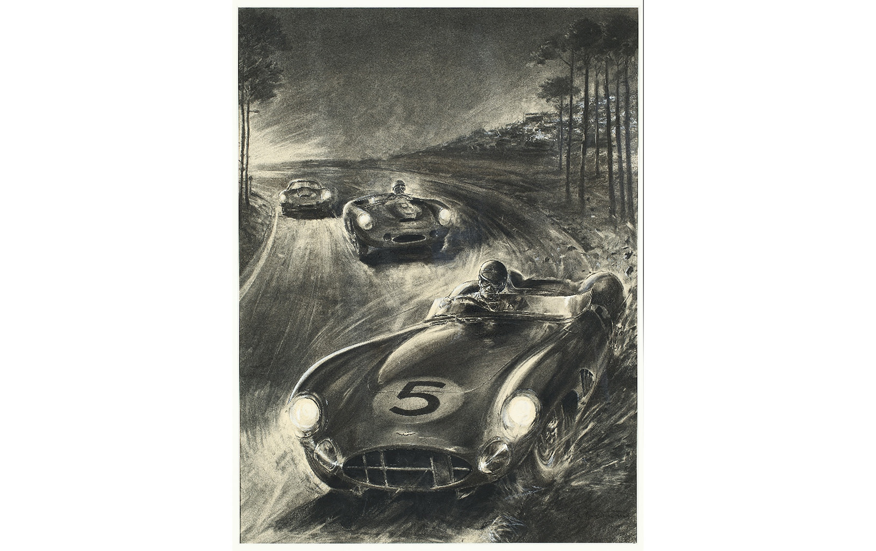 1959 Le Mans 24-Hour Race, Original Charcoal Drawing by Carlo Demand, 1959