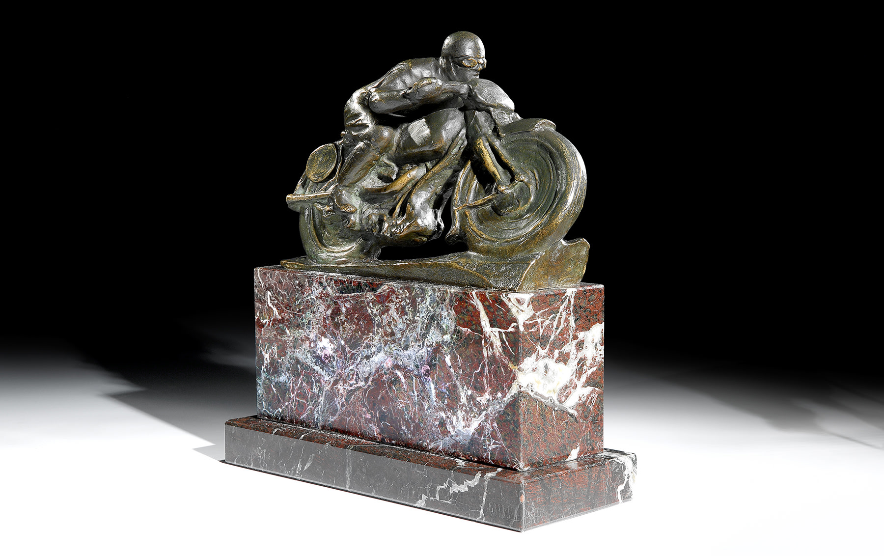 Dark Green Patinated Bronze Sculpture of a Motorcyclist at Speed, c. 1940s