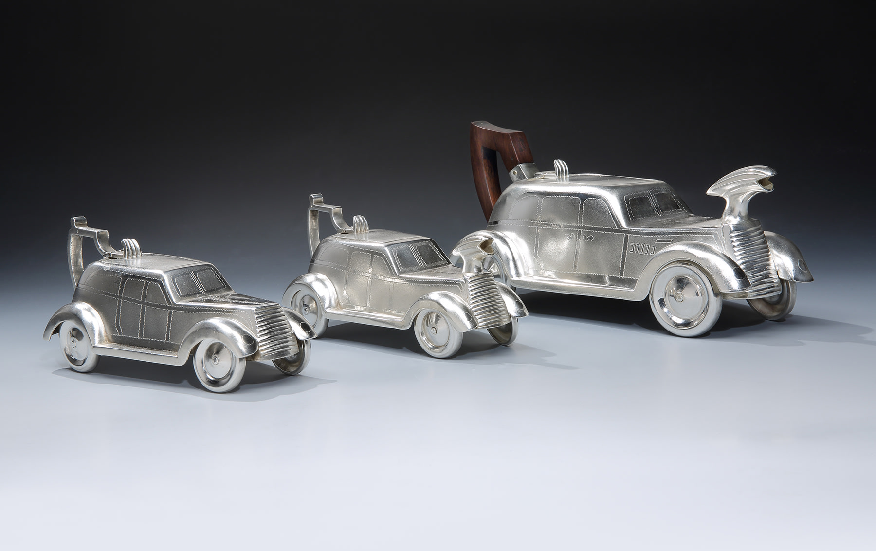 Three-Piece, Art Deco, Silver Motoring Tea Service, c. 1930