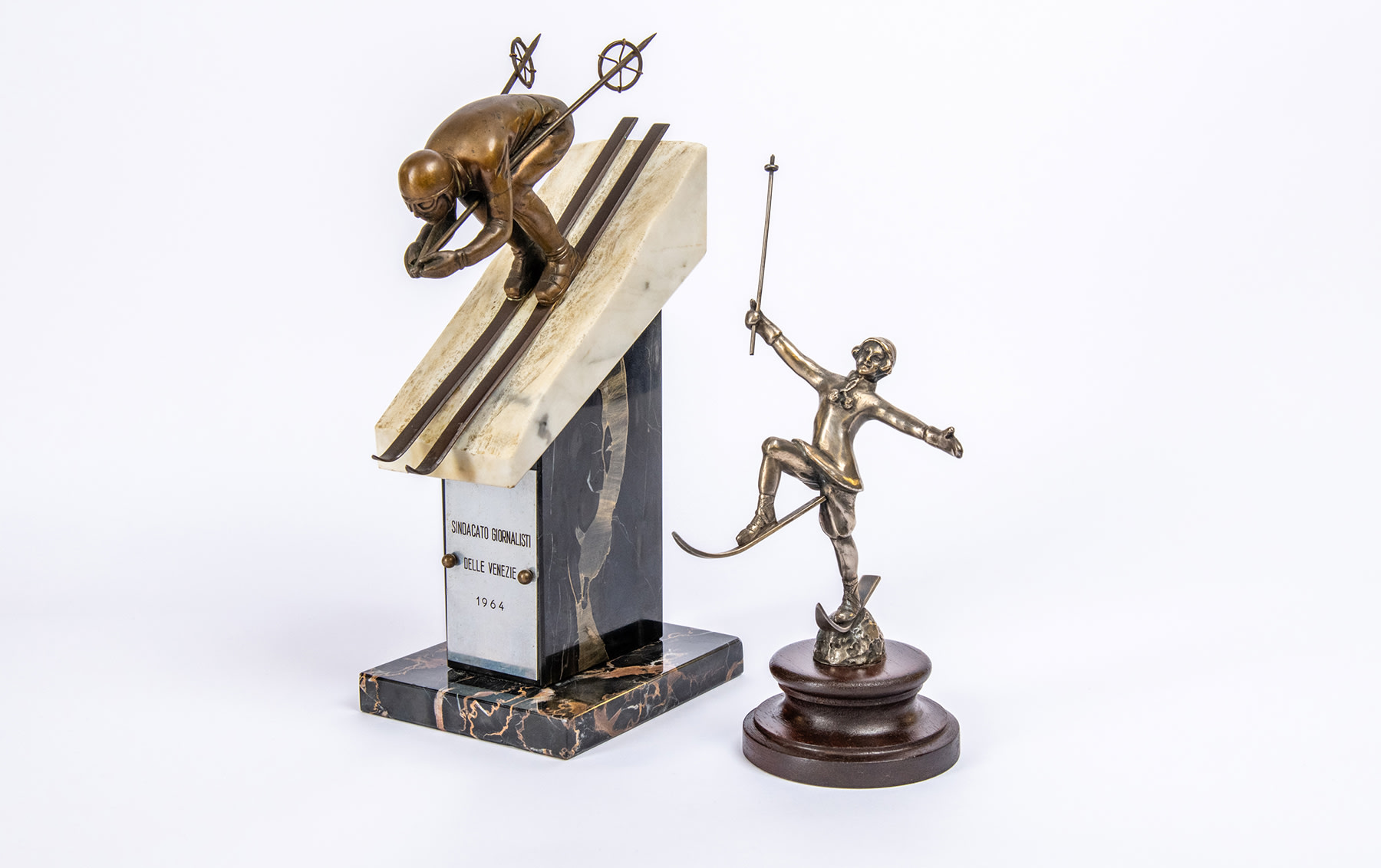Bronze Figure of a Downhill Skier and Bronze Car Mascot in the Form of a Skier, 1920
