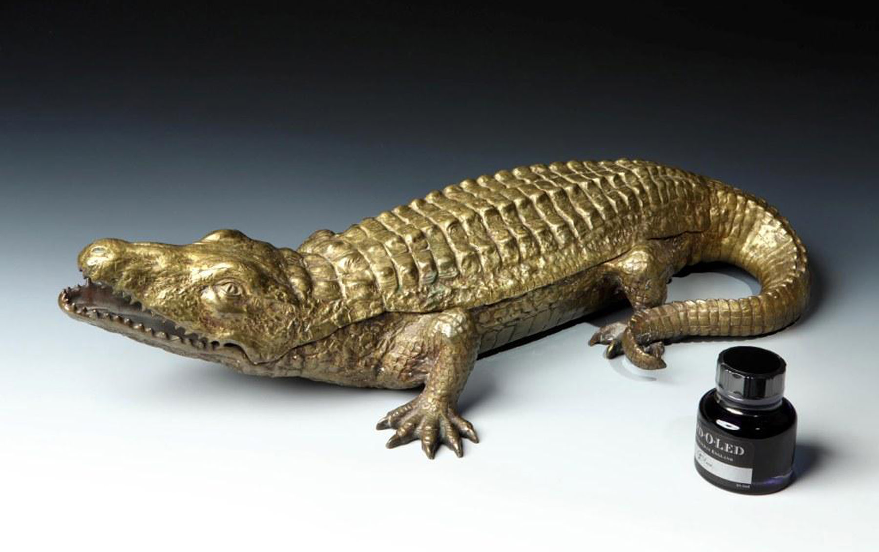 Large Bronze Inkwell in the Form of a Crocodile, In the Style of Franz Bergman, c. 1920