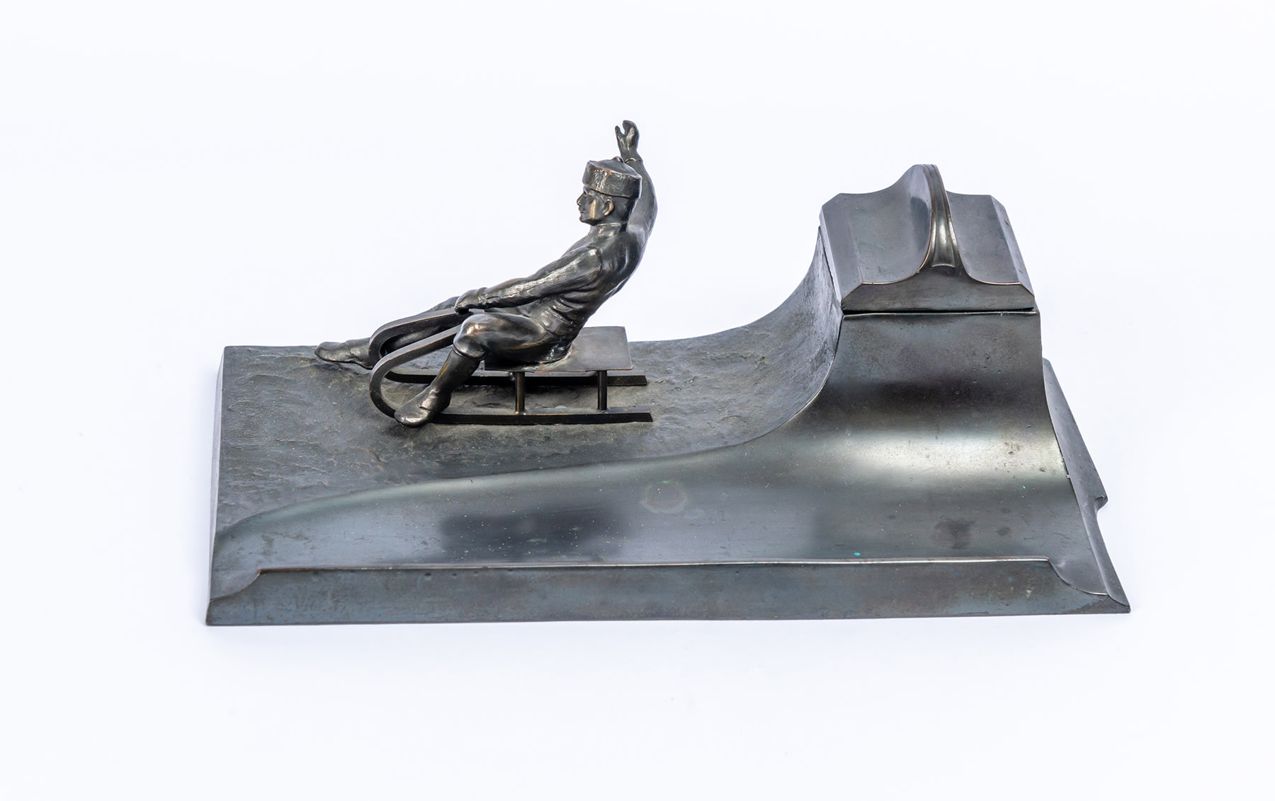 Art Nouveau Pewter Desk Inkwell with Racing Tobogganist Figure, c. 1910