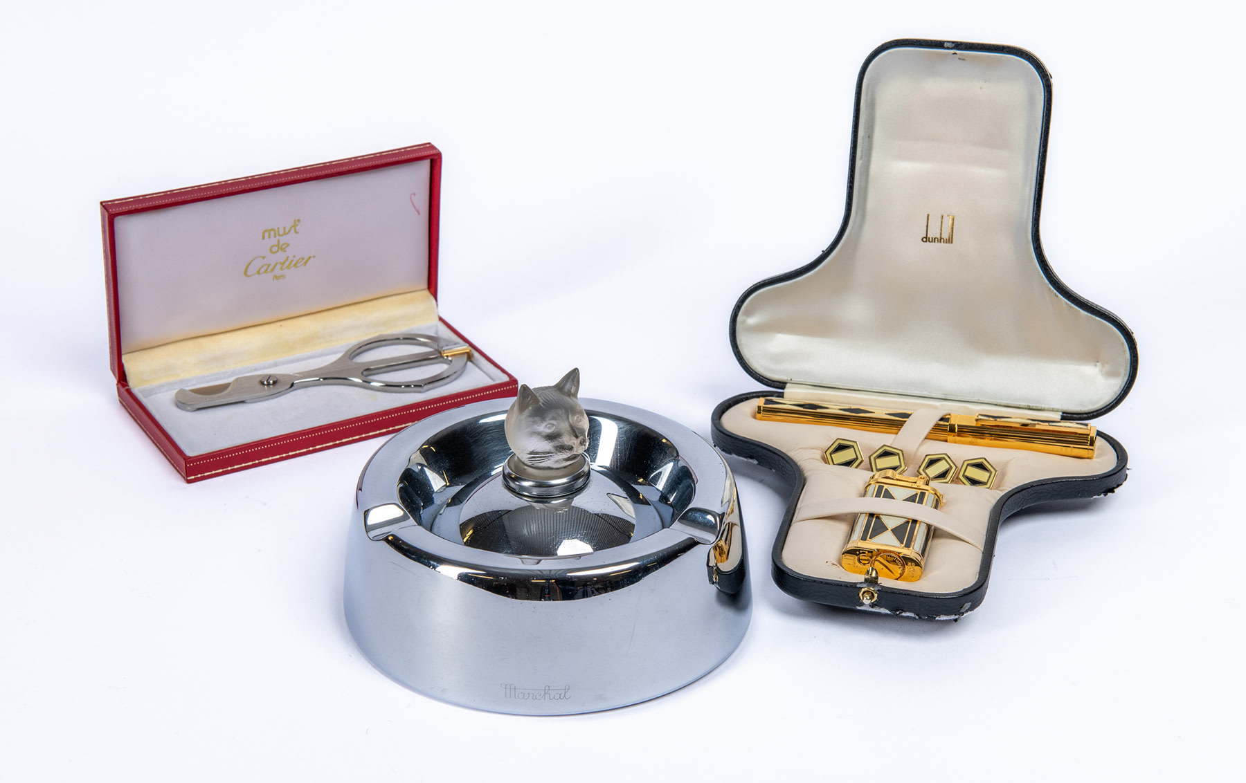 Dunhill Gentleman's Gift Set, Cartier Cigar Cutter, and Marchal Cigar Ashtray 